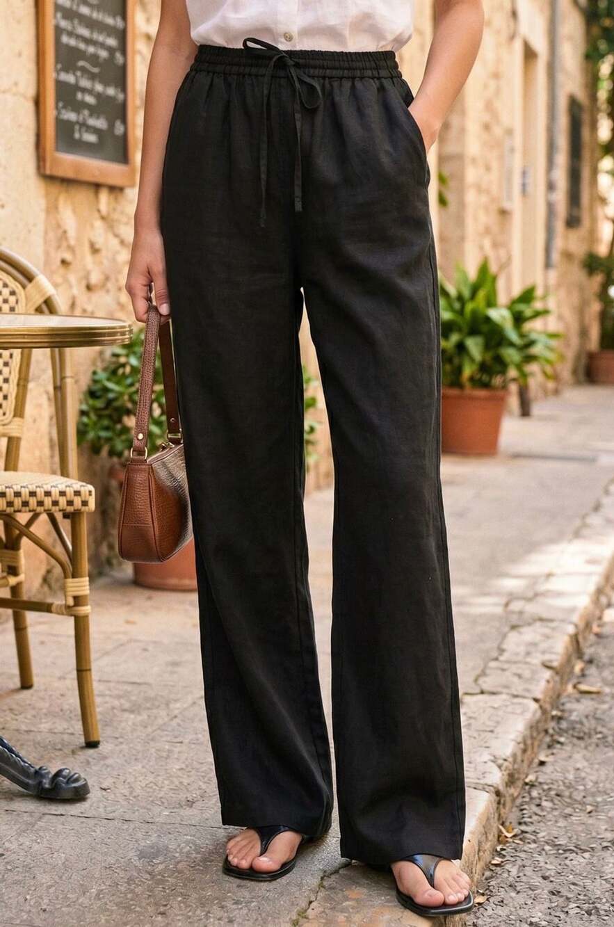 Lintico Linen Pants Size Large Black Drawstring Wide Leg
